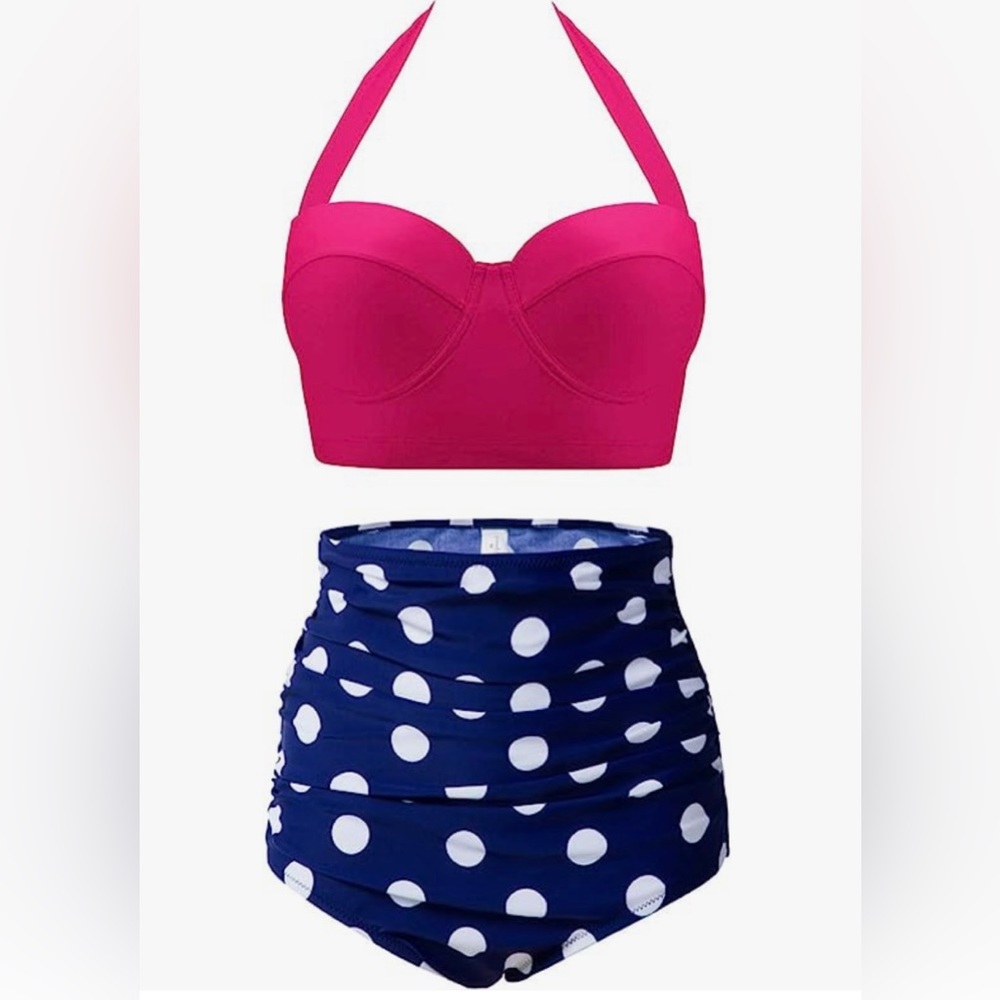 NWT Cherry Cat Retro Polka Dot High Waisted Bikini, Pink, Blue and White